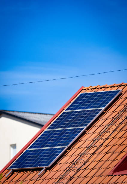 Solar Panel in Serpentine Solar panel on rooftop with blue sky background